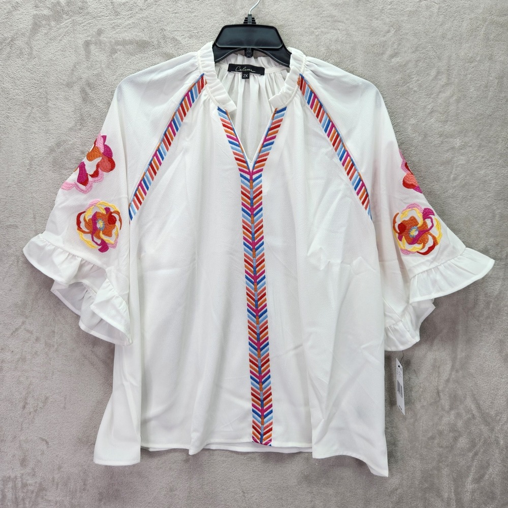 Calessa Blouse Womens Plus 2X‎ White Embroidered Ruffle Sleeve Tunic Top Boho